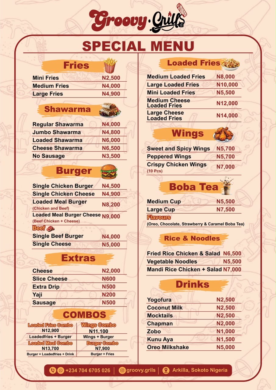 Groovy Grils special food menu